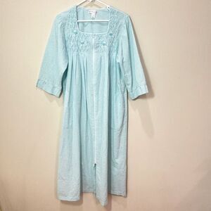 Miss Elaine Blue Stripe Seersucker House Gown Women M Lounge Robe Sleep Tradwife